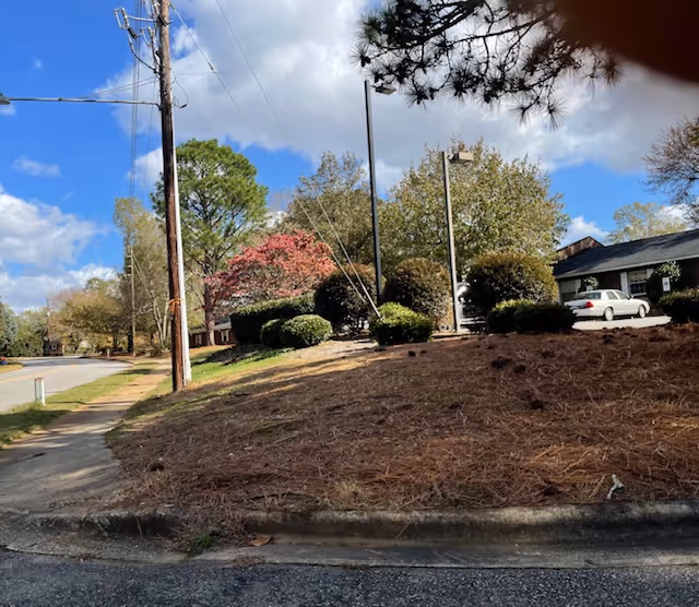 Outdoor view of a landscaped area with bushes, trees, and a sidewalk next to a street. A white car is parked near a building in the background under a partly cloudy blue sky.