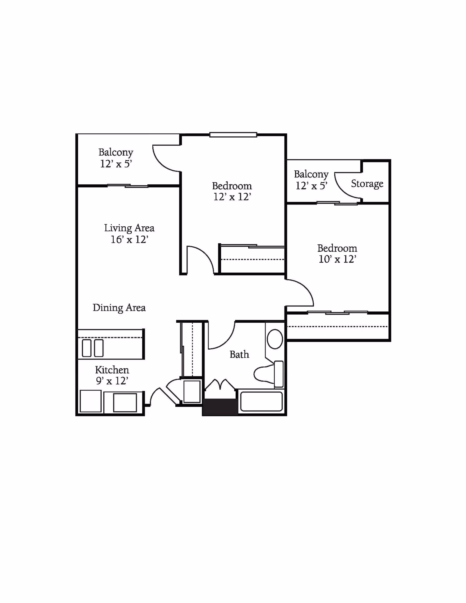 Floor plan of an apartment with two bedrooms, one bathroom, a kitchen, dining area, living area, two balconies, and a storage space.