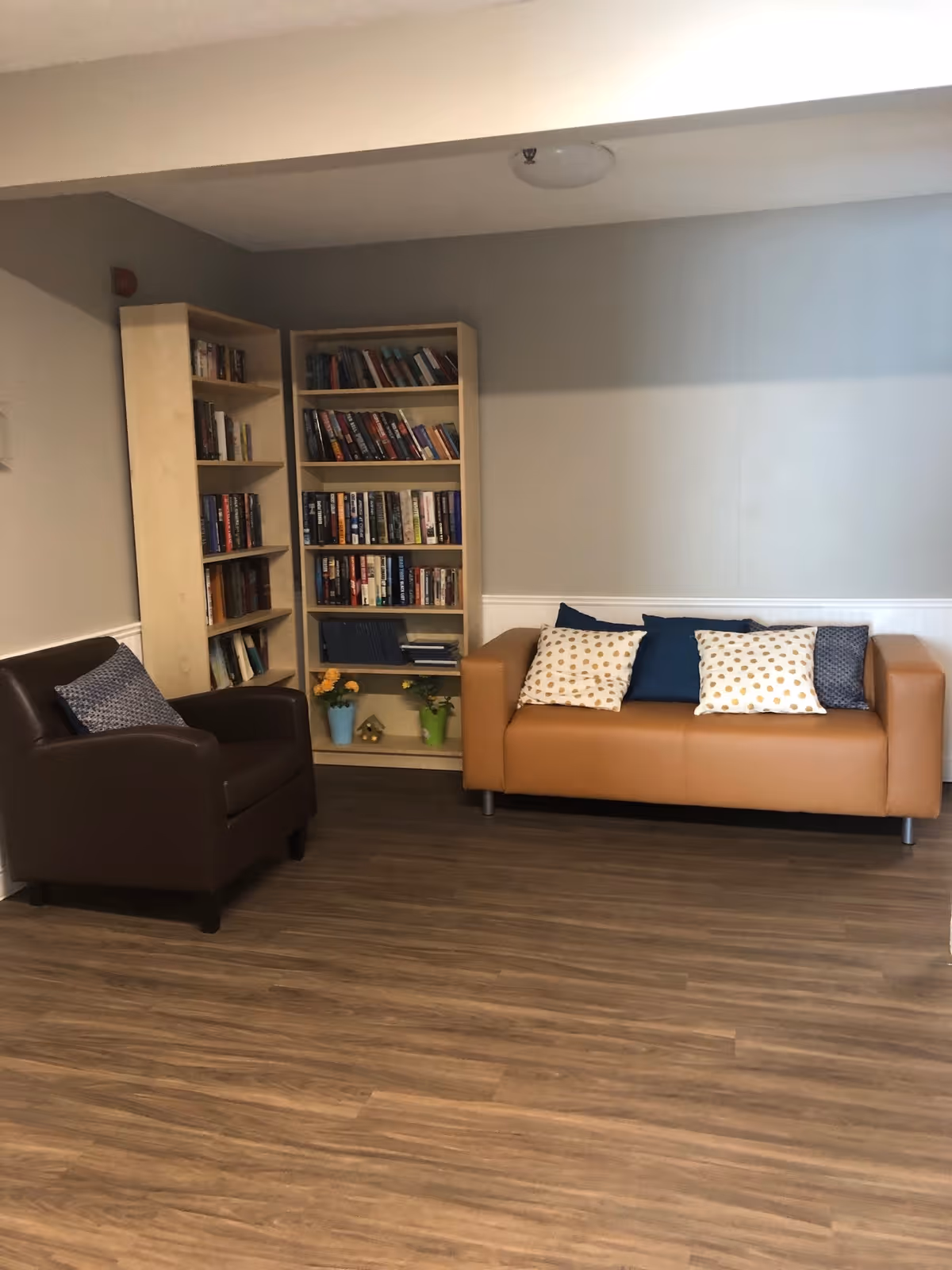 A cozy sitting area with a brown leather armchair and a tan leather sofa adorned with decorative pillows. Behind the sofa, there are two wooden bookshelves filled with books and small potted plants on the bottom shelves. The room has wooden flooring and light-colored walls with a white chair rail.