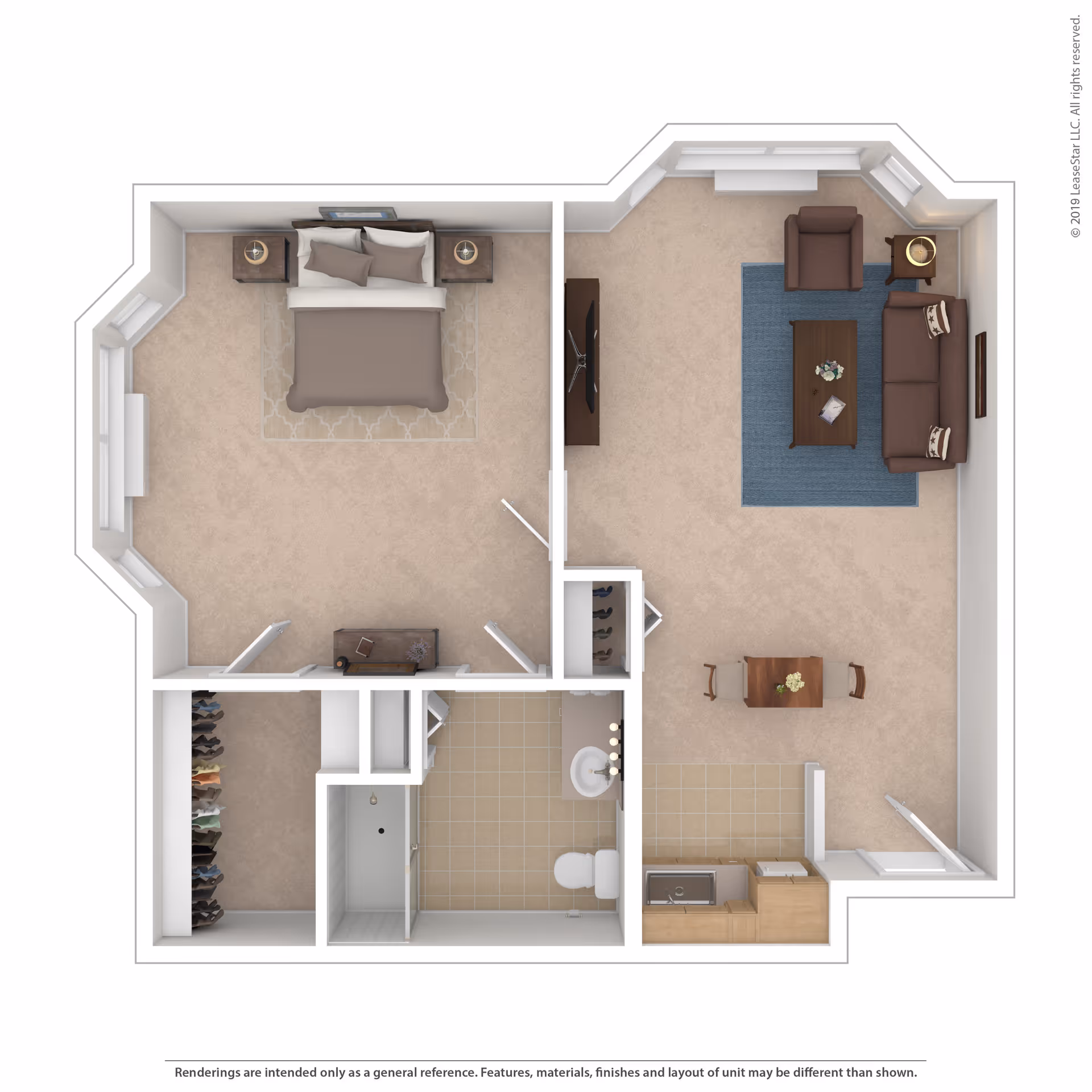 3D floor plan of a senior living unit at Juniper Village at Mount Joy showing a bedroom with a bed and two nightstands, a living room with a sofa, armchair, coffee table, TV, and small dining table with two chairs, a kitchen area with a sink and cabinets, a bathroom with a shower, toilet, and sink, and a walk-in closet with hanging clothes.