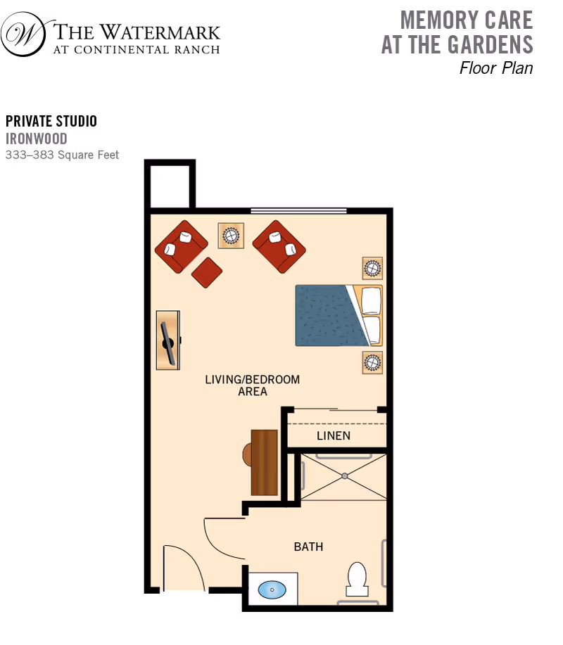 Illustrated floor plan of an 'Ironwood' studio showing a combined living/bedroom area, bathroom, and linen closet.