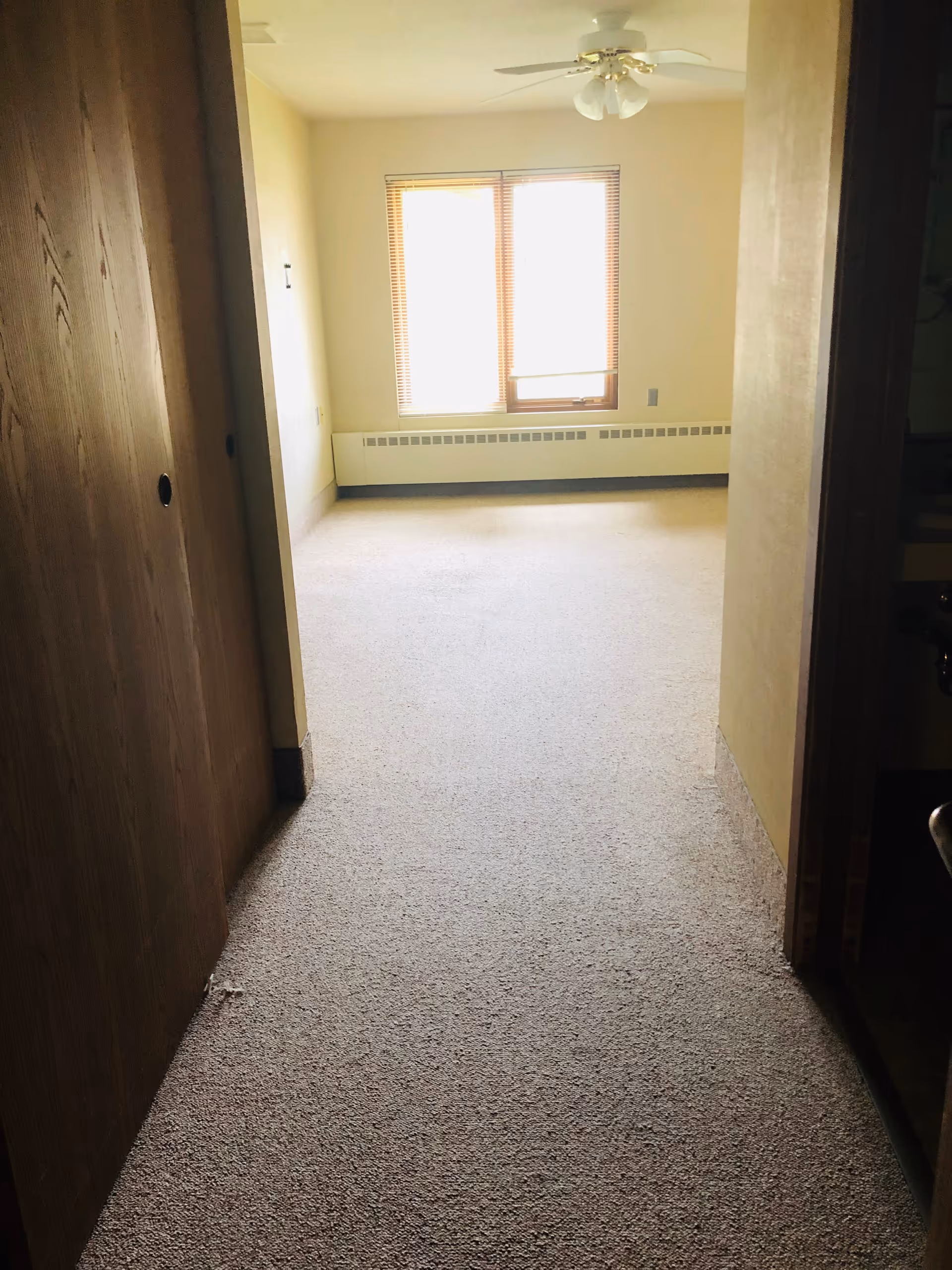 Empty room with beige carpet and walls, a window with blinds letting in bright light, a ceiling fan with lights, and a wooden sliding door on the left side.
