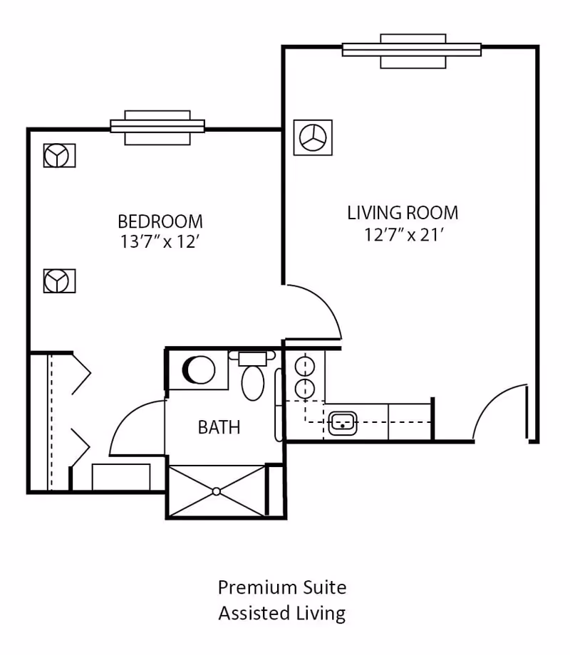 Floor plan of a premium suite for assisted living at Autumn Glen, showing a bedroom measuring 13 feet 7 inches by 12 feet, a living room measuring 12 feet 7 inches by 21 feet, and a bathroom. The layout includes doors, windows, and fixtures such as a sink, toilet, and shower.