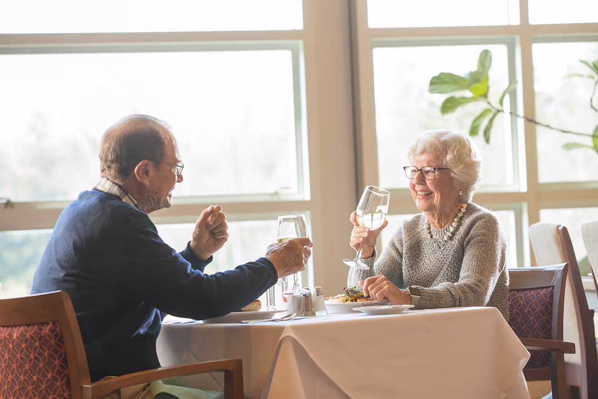 An elderly man and woman sitting at a dining table in a bright room with large windows, enjoying a meal and raising glasses in a toast while smiling at each other.