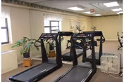 Indoor exercise room with two treadmills, stationary bikes, potted plants, framed wall art, and a floor fan.