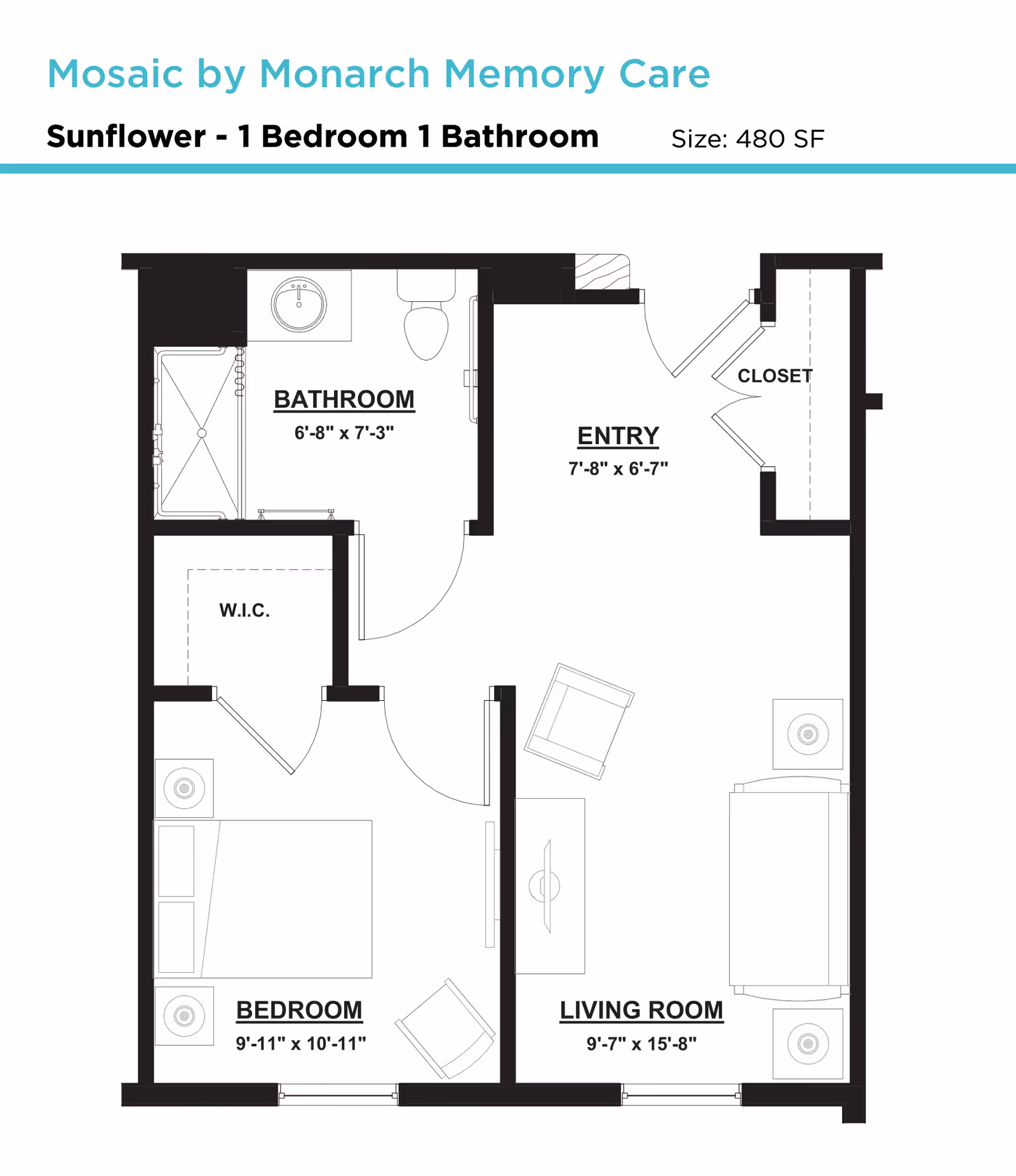 Floor plan layout of a one-bedroom, one-bathroom apartment named Sunflower at Mosaic by Monarch Memory Care, showing dimensions and labeled areas including bathroom, entry, closet, walk-in closet, bedroom, and living room.