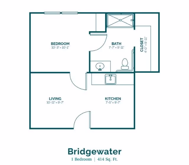 Floor plan of a one-bedroom apartment named Bridgewater, showing a bedroom, bath, closet, living room, and kitchen with dimensions and total area of 414 square feet.
