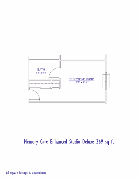 Blueprint-style floor plan of a 269 sq ft memory care studio showing a combined bedroom/living area and a small bath with dimensions.