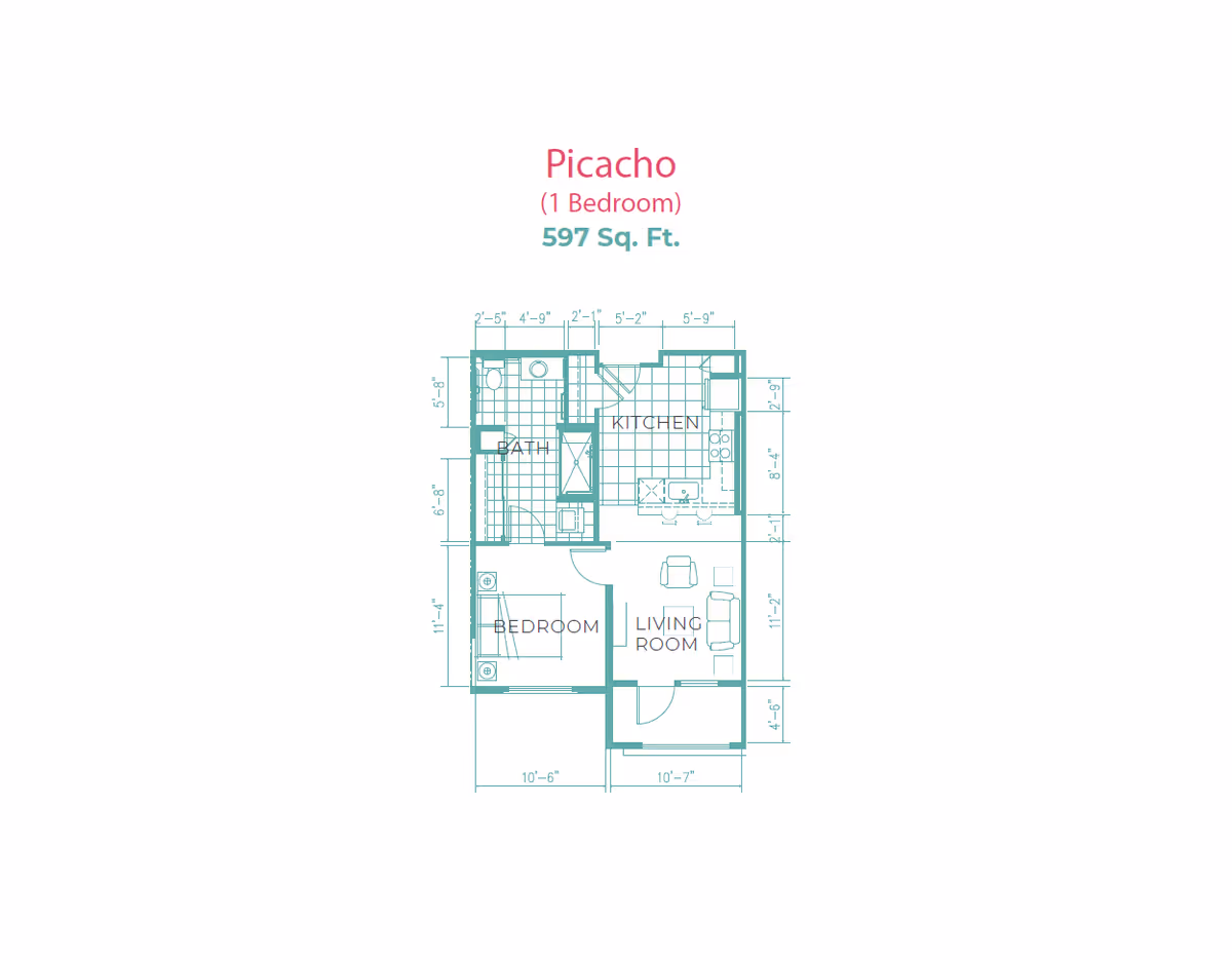 Floor plan of a one-bedroom apartment named Picacho with a total area of 597 square feet. The layout includes a bedroom, bathroom, kitchen, and living room with dimensions marked for each area.