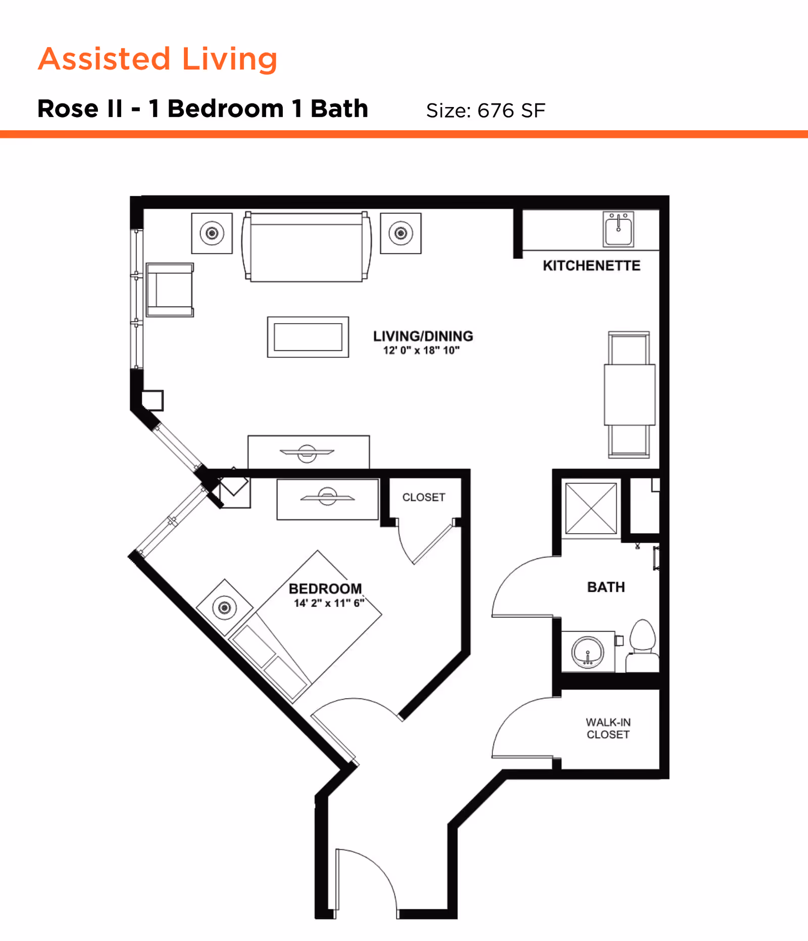 Floor plan of an assisted living unit named Rose II with 1 bedroom and 1 bathroom, totaling 676 square feet. The layout includes a bedroom with a closet, a living/dining area, a kitchenette, a bathroom, and a walk-in closet.