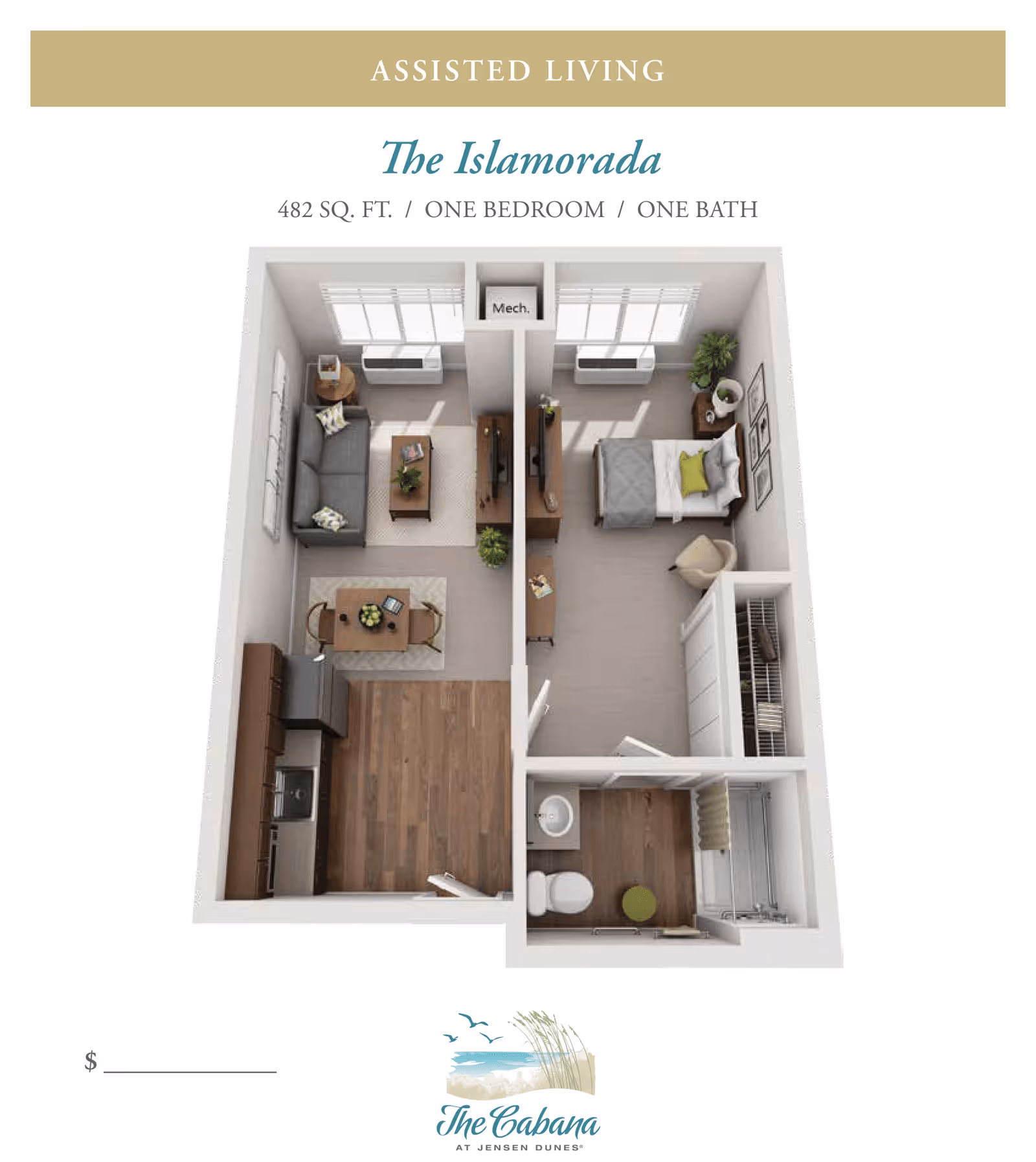 3D floor plan of The Islamorada assisted living apartment at The Cabana at Jensen Dunes, showing a one-bedroom, one-bath layout with a living room, dining area, kitchen, bedroom, and bathroom.
