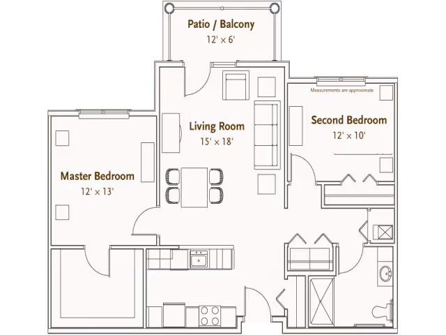 Floor plan of a residential unit at Hearthstone Village showing a master bedroom, second bedroom, living room, kitchen, bathroom, and a patio/balcony. The master bedroom measures 12 by 13 feet, the second bedroom 12 by 10 feet, the living room 15 by 18 feet, and the patio/balcony 12 by 6 feet. The layout includes furniture placement and kitchen appliances.