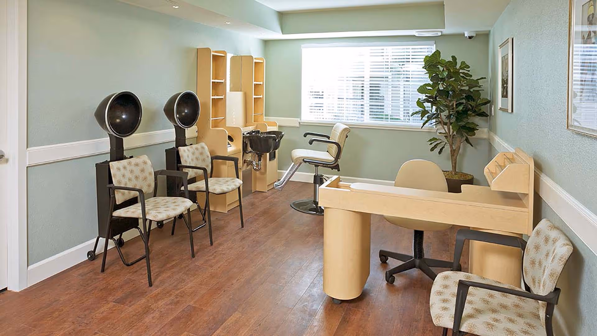 A small salon room with two vintage hair dryers, two salon chairs with sinks, a manicure table with a chair, and several cushioned chairs along the walls. The room has light green walls, wood flooring, a large window with blinds, and a potted plant in the corner.