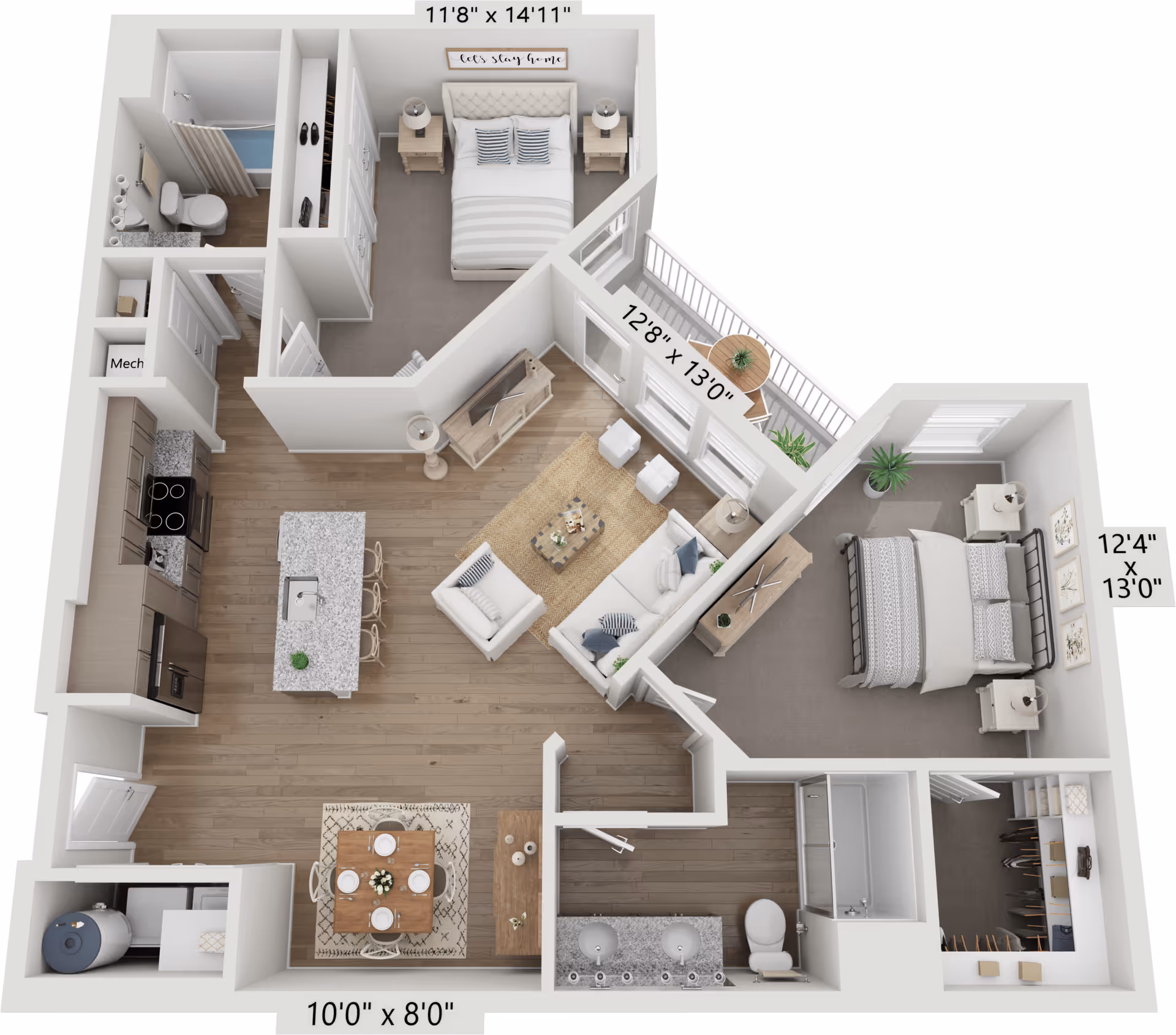 3D floor plan of a two-bedroom apartment featuring a living room with a sofa, armchair, TV, and coffee table, an open kitchen with an island and bar stools, a dining area with a table set for four, two bedrooms with beds and nightstands, two bathrooms, and a balcony with a small table and chairs.