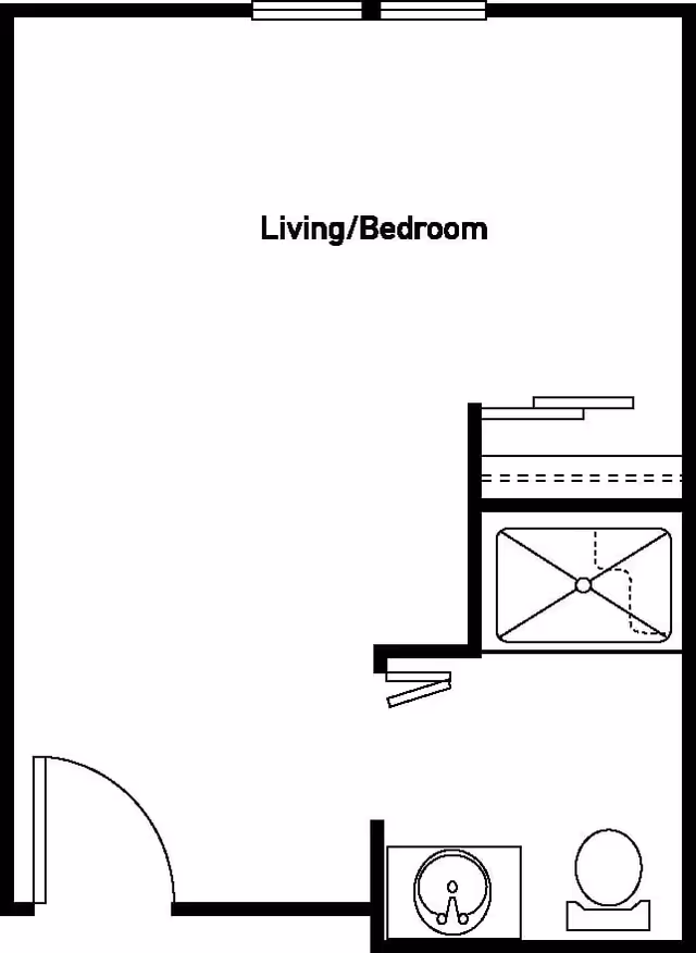 Architectural floor plan showing a combined living and bedroom area with an adjacent bathroom that includes a sink, toilet, and shower.