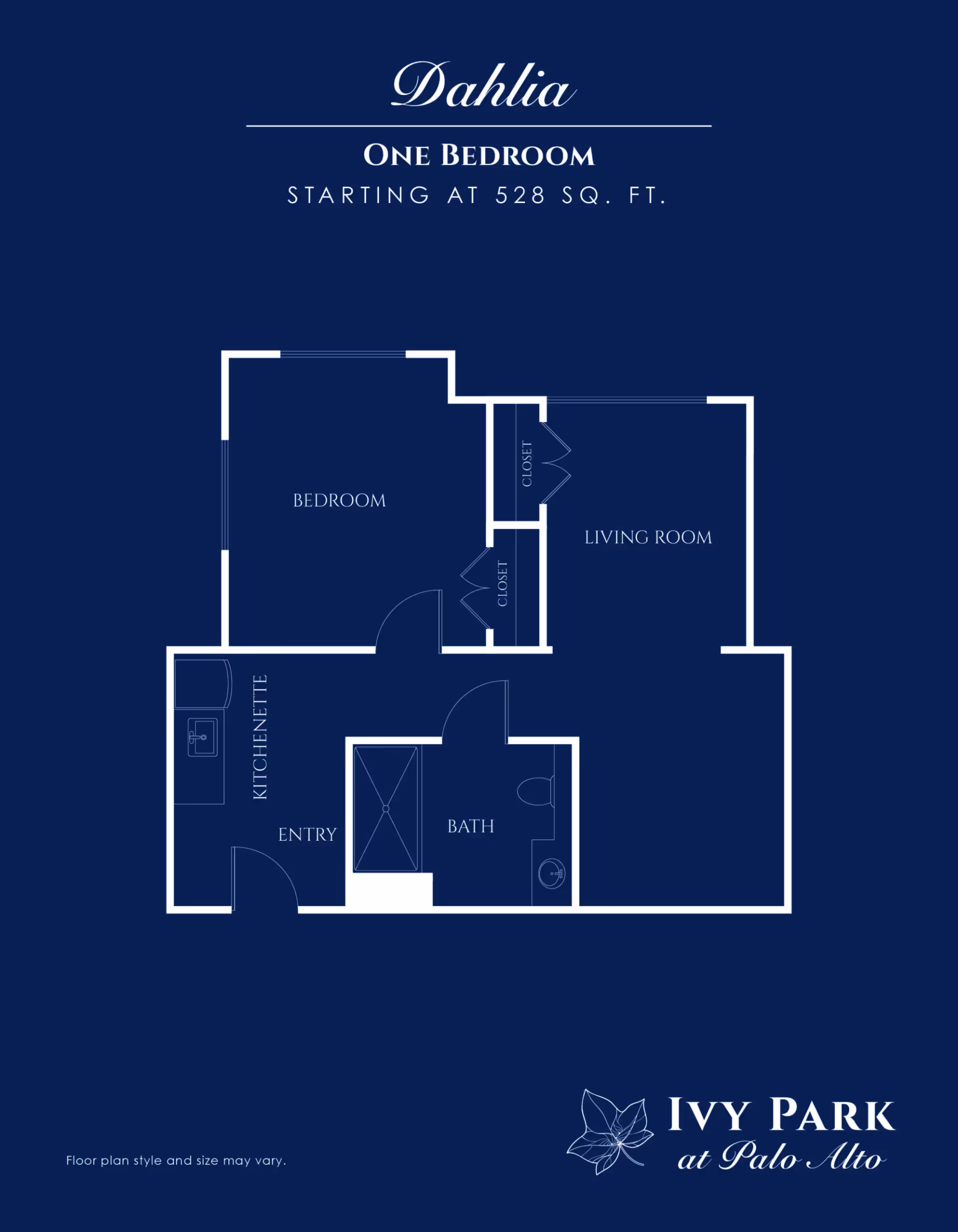 Floor plan for a one-bedroom apartment named Dahlia at Ivy Park at Palo Alto, showing a bedroom, living room, kitchenette, entry, bath, and closets, with a total area starting at 528 square feet.