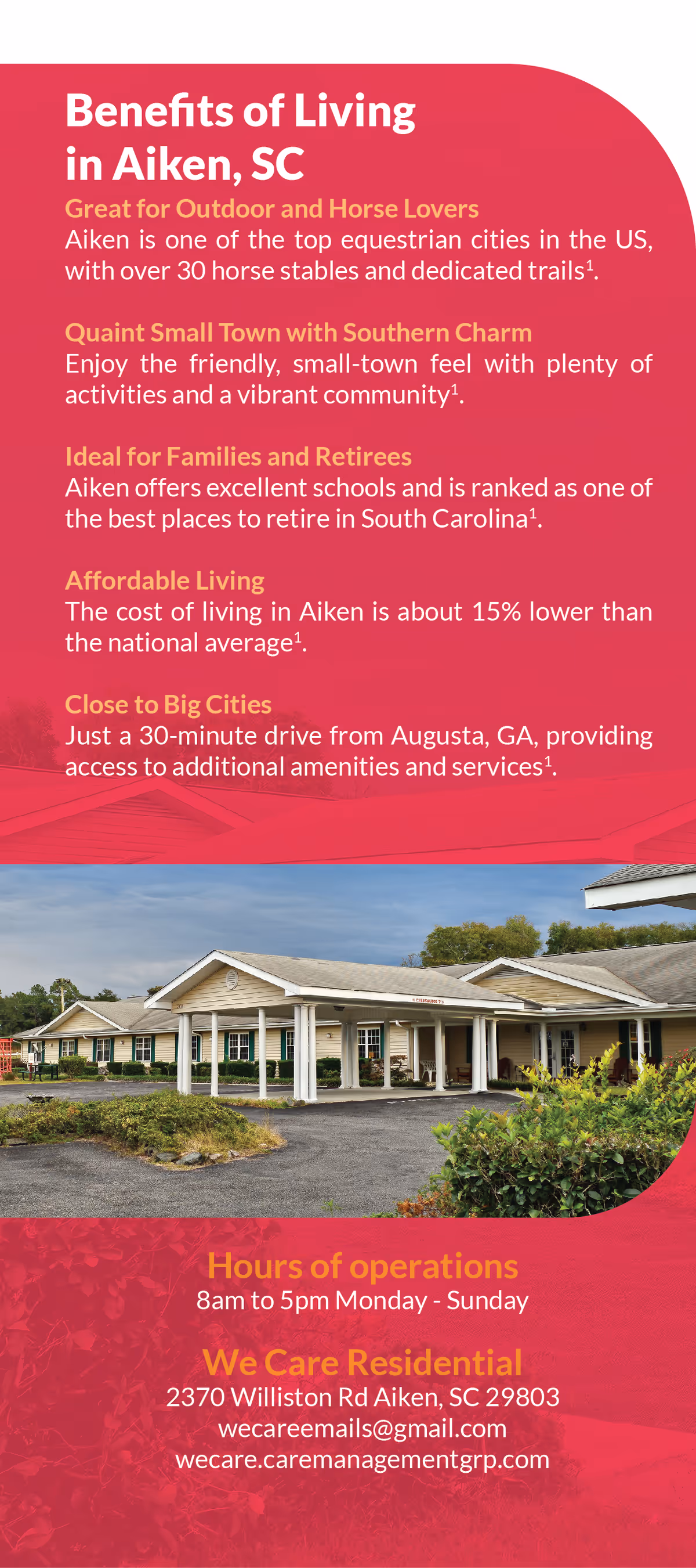 Flyer for We Care Residential Inc showing benefits of living in Aiken, SC and a photo of the facility's single-story building with contact details.