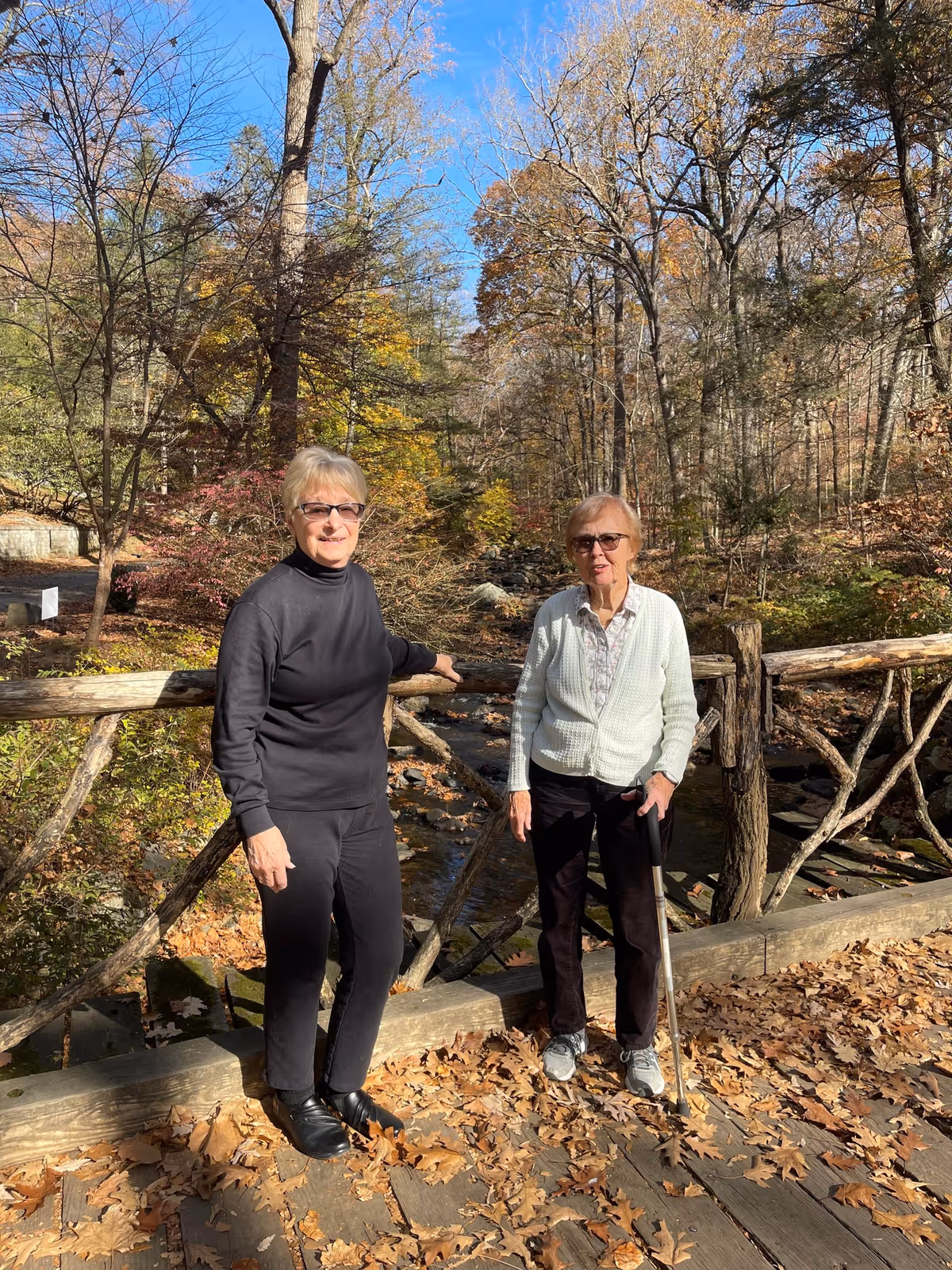 Two elderly women standing on a wooden bridge covered with fallen autumn leaves. One woman is wearing a black outfit and glasses, while the other is wearing a white sweater, black pants, and holding a cane. Behind them is a small stream and trees with fall foliage under a clear blue sky.