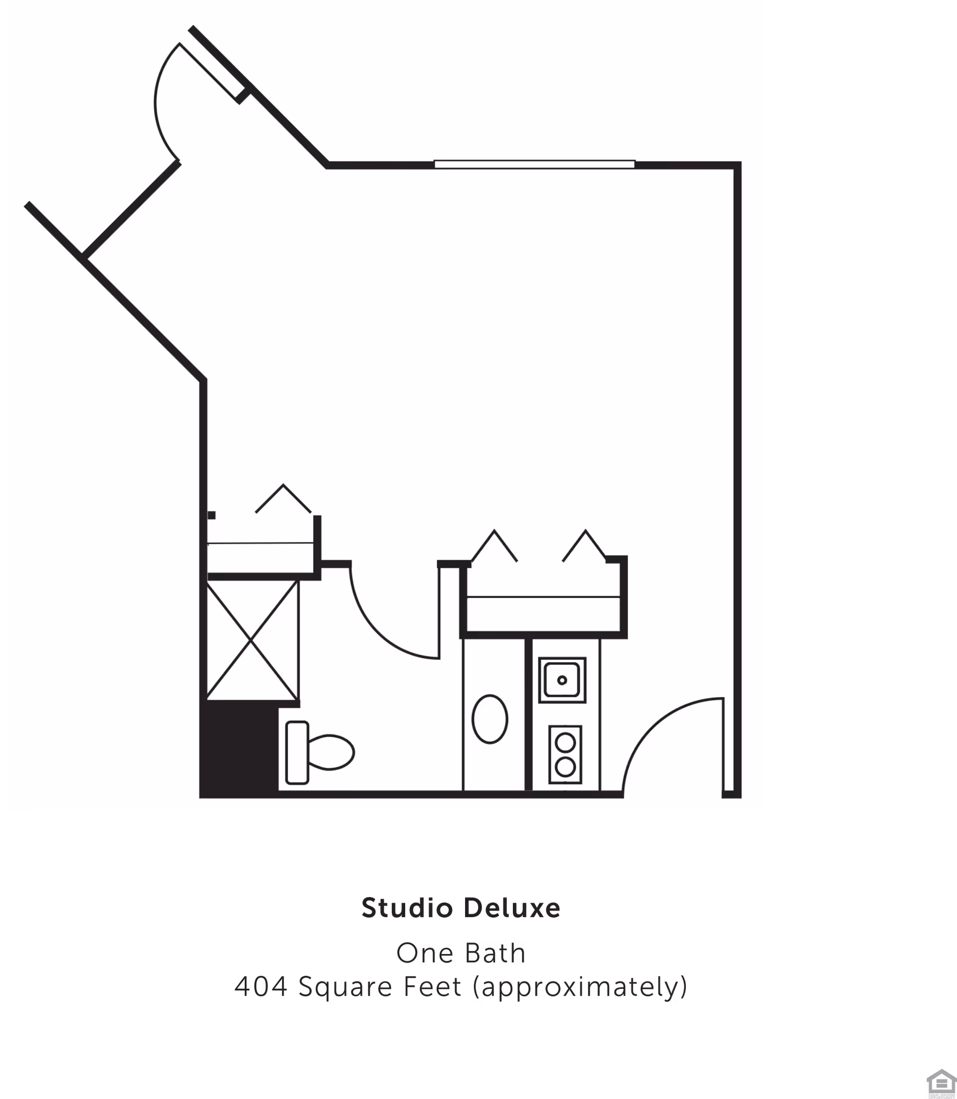 Floor plan of a Studio Deluxe apartment with one bathroom, approximately 404 square feet. The layout includes a bathroom with a toilet and shower, a kitchenette with a sink and stove, and an open living/sleeping area.