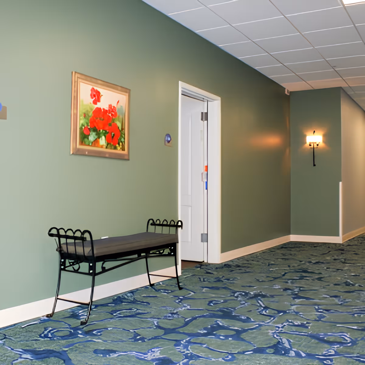 A hallway with green walls and a patterned blue and green carpet. There is a black metal bench with a cushion against the wall, a framed painting of red flowers hanging above the bench, a white door slightly ajar, and a wall-mounted light fixture illuminating the area.