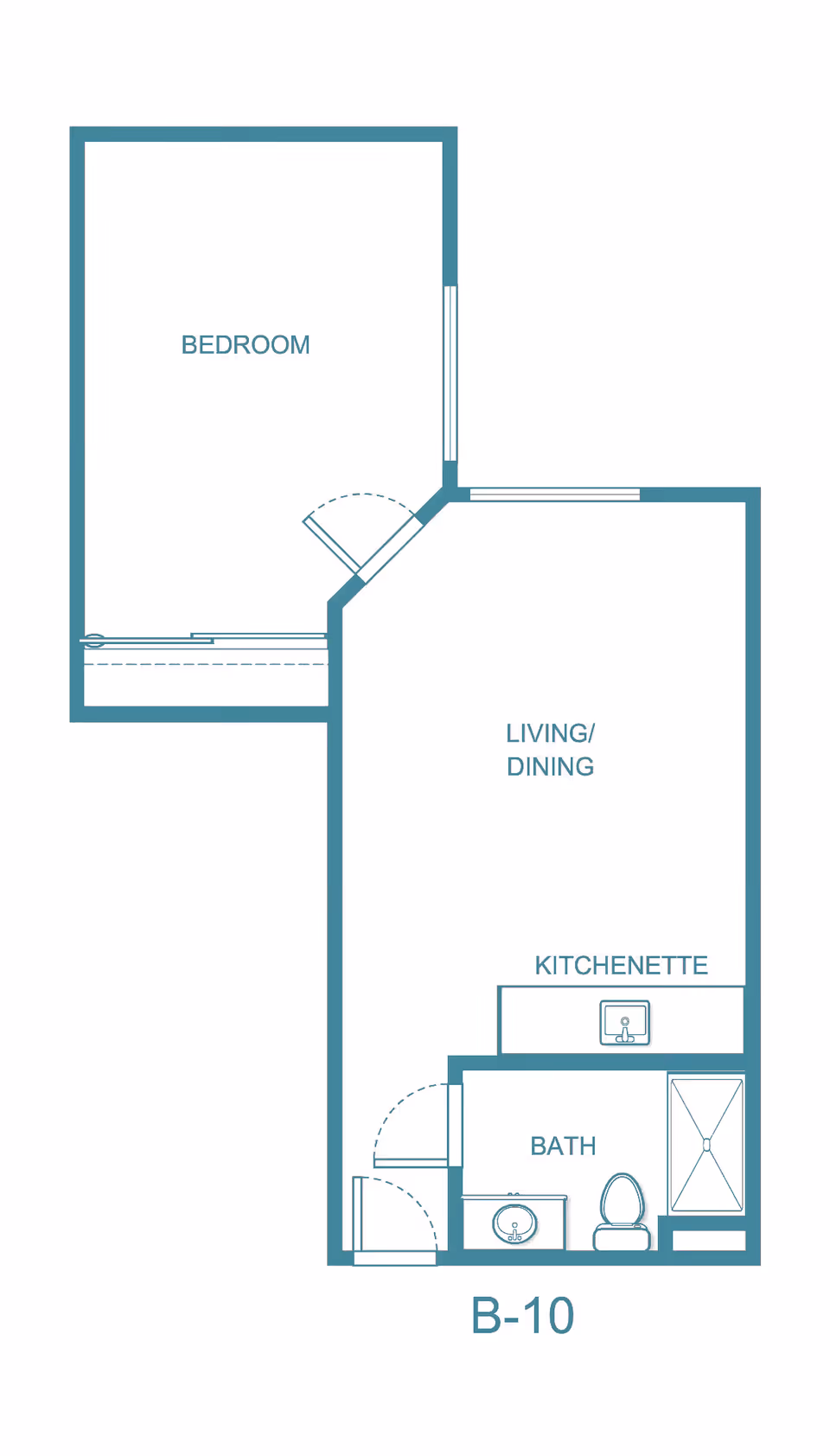 Floor plan layout of a living space labeled B-10, showing a bedroom, living/dining area, kitchenette, and bathroom with fixtures including a sink, toilet, and shower.