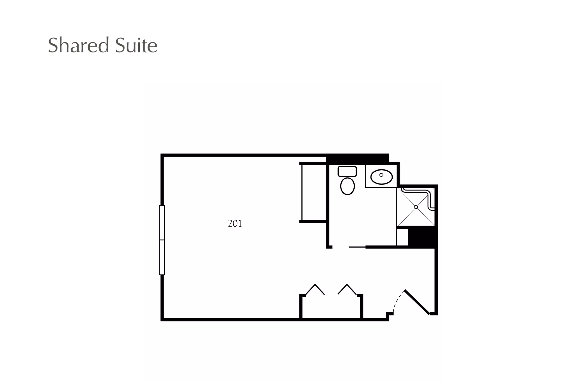 Floor plan layout of a shared suite labeled 201, showing a main room, a bathroom with a toilet, sink, and shower, and closet spaces near the entrance.