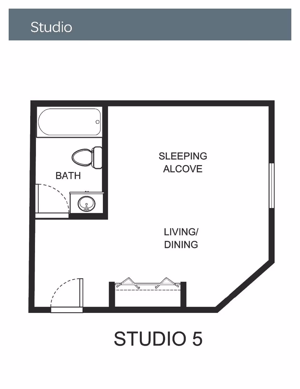 Floor plan labeled Studio 5 showing a studio apartment layout with a bath area including a bathtub, toilet, and sink, a sleeping alcove, and a combined living and dining area.