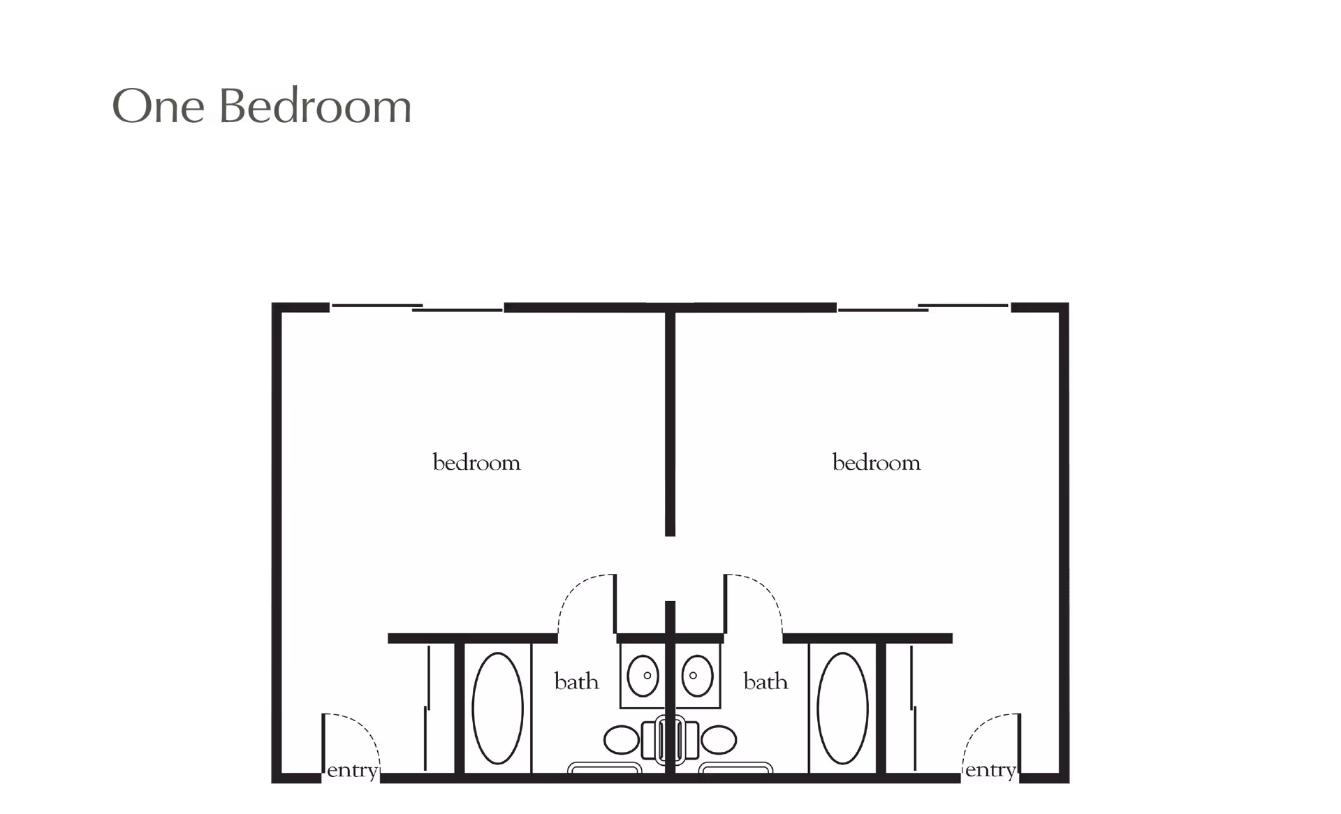Floor plan layout showing two adjacent one-bedroom units, each with a bedroom, bathroom, and entry area.