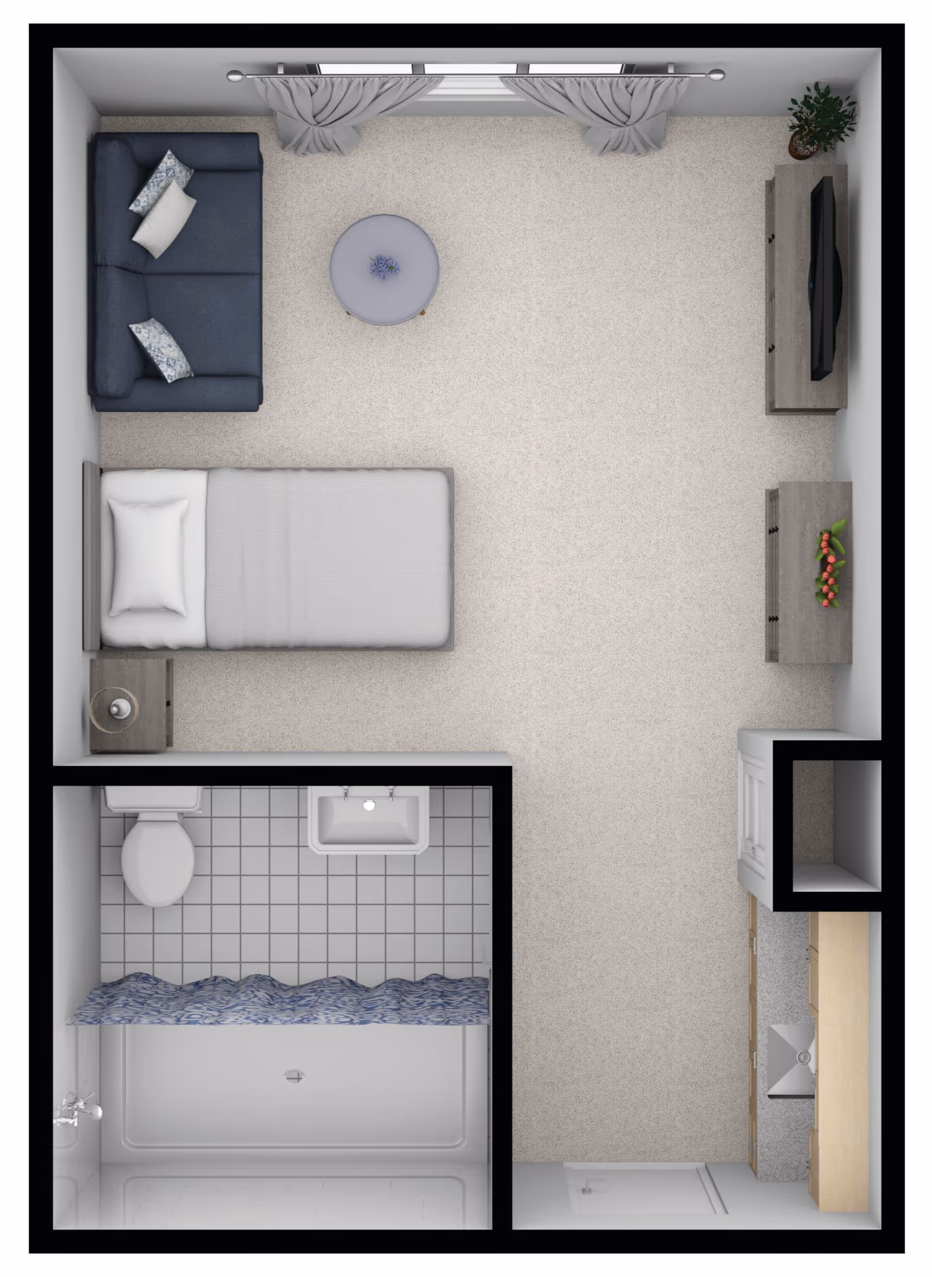 Top-down view of a small studio apartment layout with a bedroom area featuring a single bed, nightstand with lamp, and a blue couch with pillows. There is a round coffee table in front of the couch. The room has a window with curtains, a TV on a stand, and a dresser with a plant and flowers. The bathroom includes a toilet, sink, and bathtub with a shower curtain. A small kitchenette is visible with a sink and cabinets.