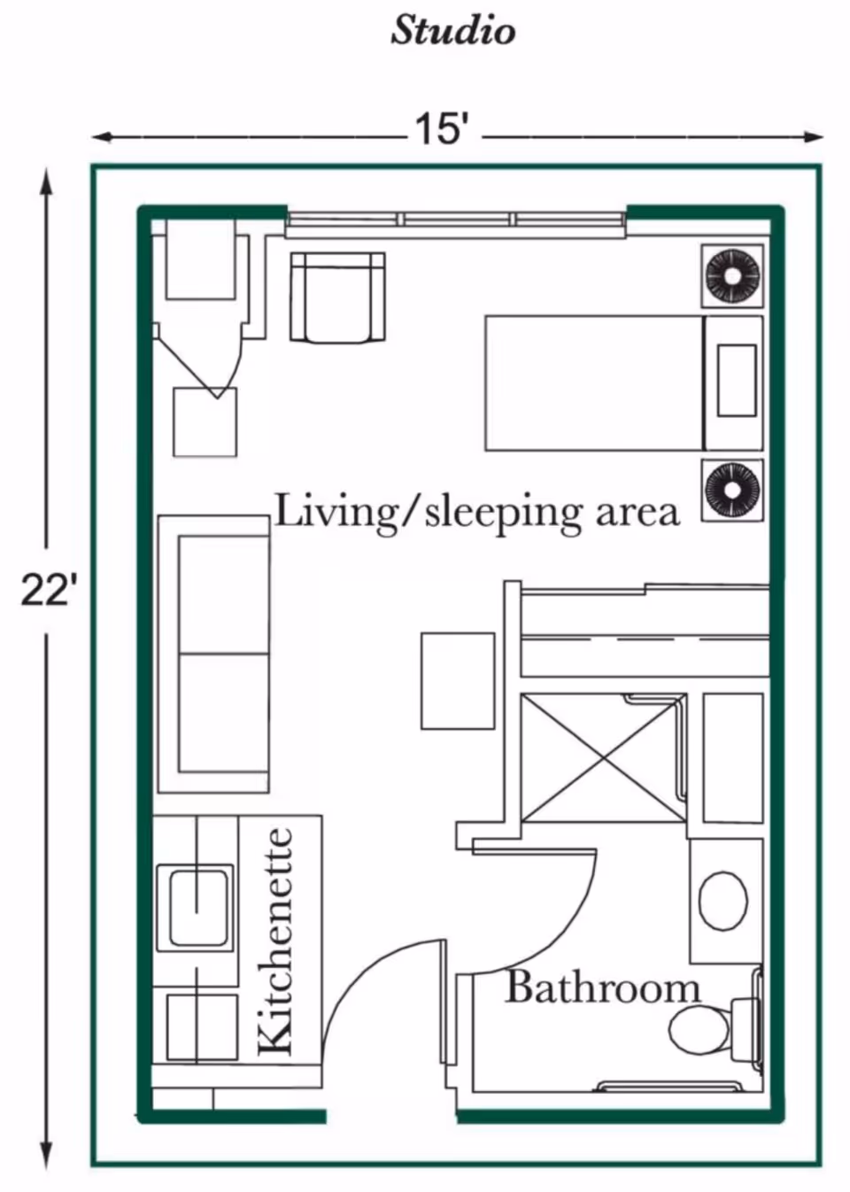 Floor plan of a studio apartment at Hellenic Senior Living of Elkhart showing a living/sleeping area with a bed, chair, and sofa, a kitchenette with a sink and counter, and a bathroom with a toilet and shower.