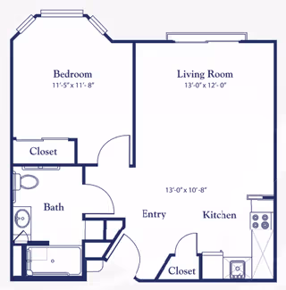 Architectural floor plan of a one-bedroom apartment at Quail Park on Cypress, showing a bedroom, bathroom, living room, kitchen, entry area, and two closets with dimensions.