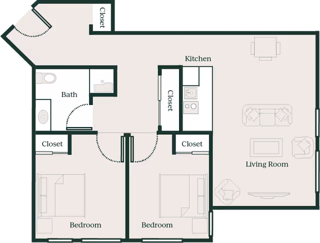 Floor plan of a senior living apartment at Emerald City at Greenlake Senior Living showing two bedrooms, a bathroom, a kitchen, a living room, and multiple closets.