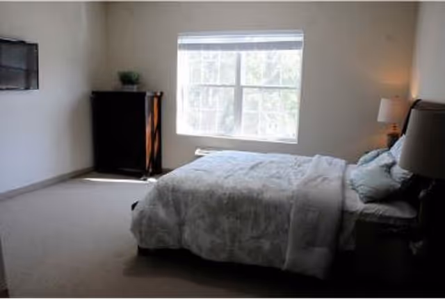 A bedroom with a bed covered in a light-colored comforter and pillows, a nightstand with a lamp, a window with blinds letting in natural light, a dark wooden dresser, and a wall-mounted television.