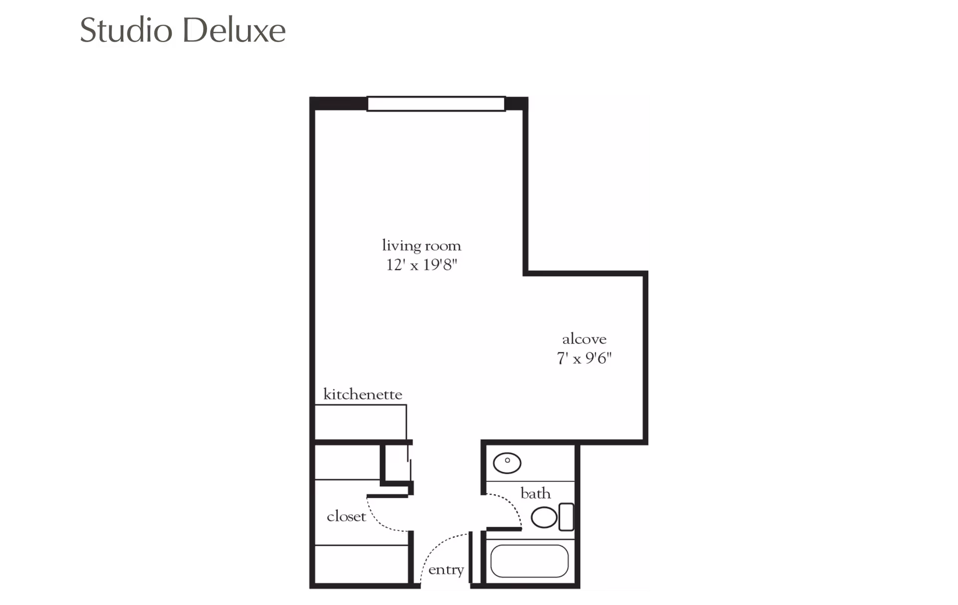 Floor plan layout of a Studio Deluxe apartment showing a living room measuring 12 feet by 19 feet 8 inches, an alcove measuring 7 feet by 9 feet 6 inches, a kitchenette, a closet, an entry area, and a bathroom with a bathtub, toilet, and sink.