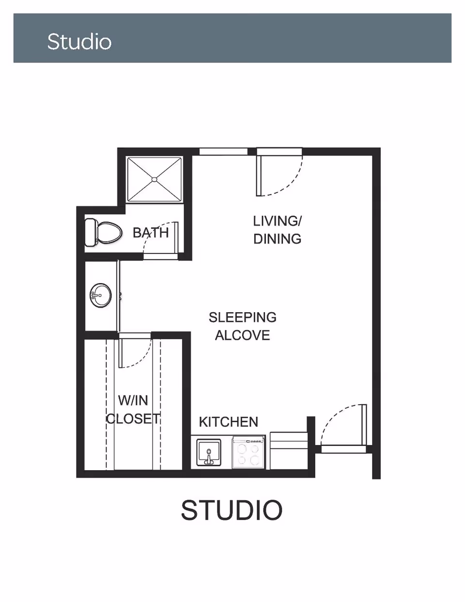 Floor plan of a studio apartment showing a living/dining area, sleeping alcove, kitchen, walk-in closet, and bathroom.