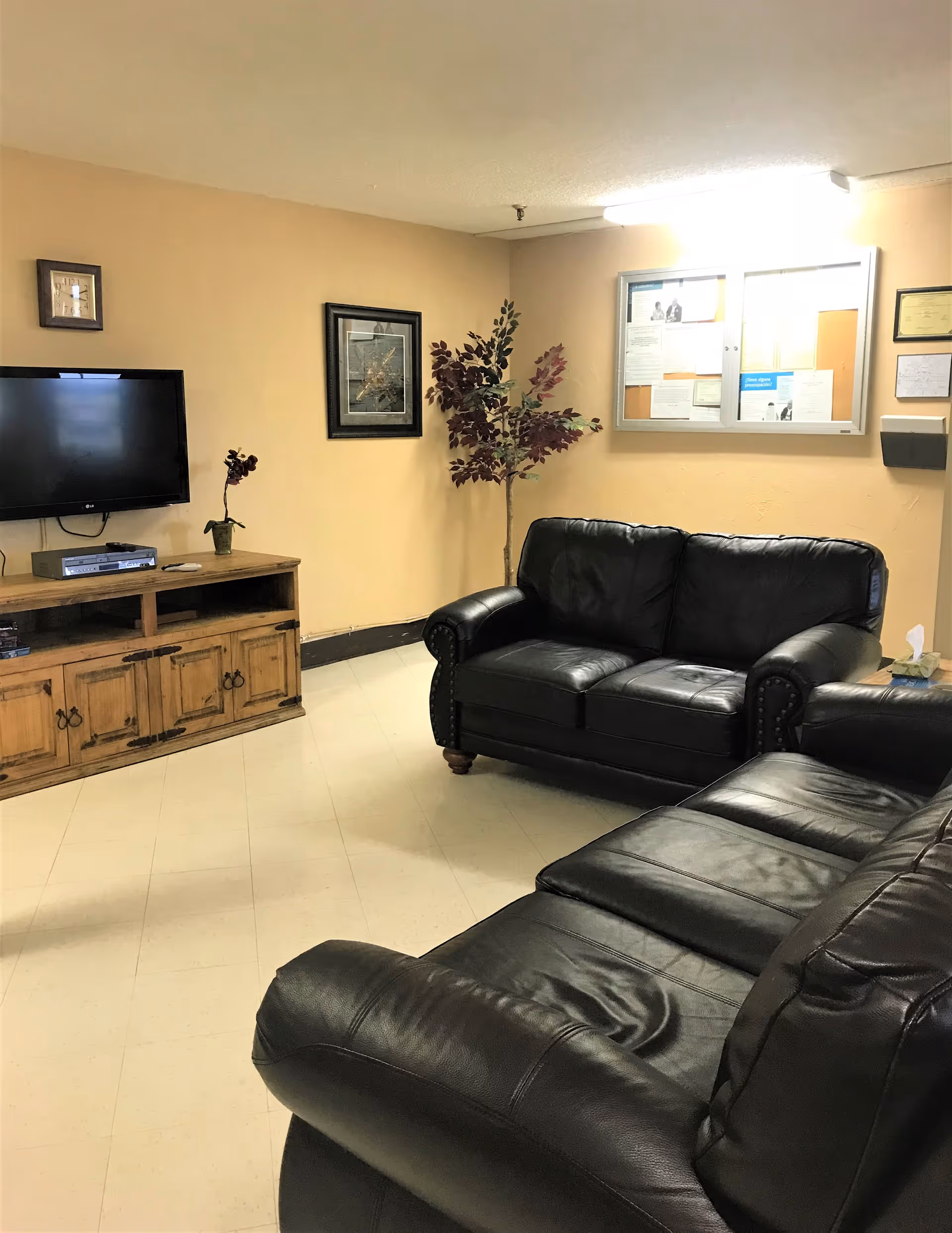 A cozy living room area with two black leather sofas, a wooden TV stand with a flat-screen TV mounted on the wall above it, a small potted plant on the TV stand, a framed picture on the beige wall, a bulletin board with various notices, and a decorative artificial tree in the corner.