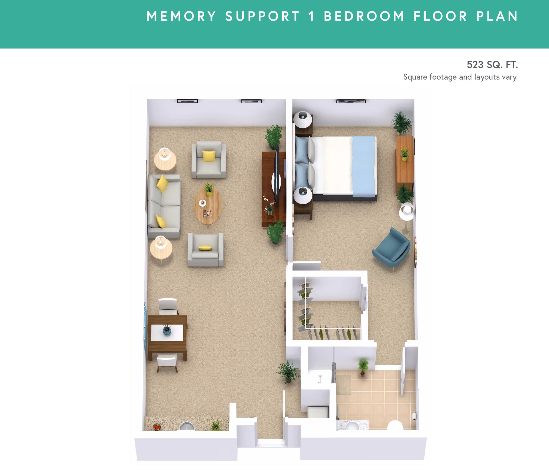 Rendered top-down one-bedroom memory support floor plan showing a living area, bedroom, walk-in closet, bathroom and entry.