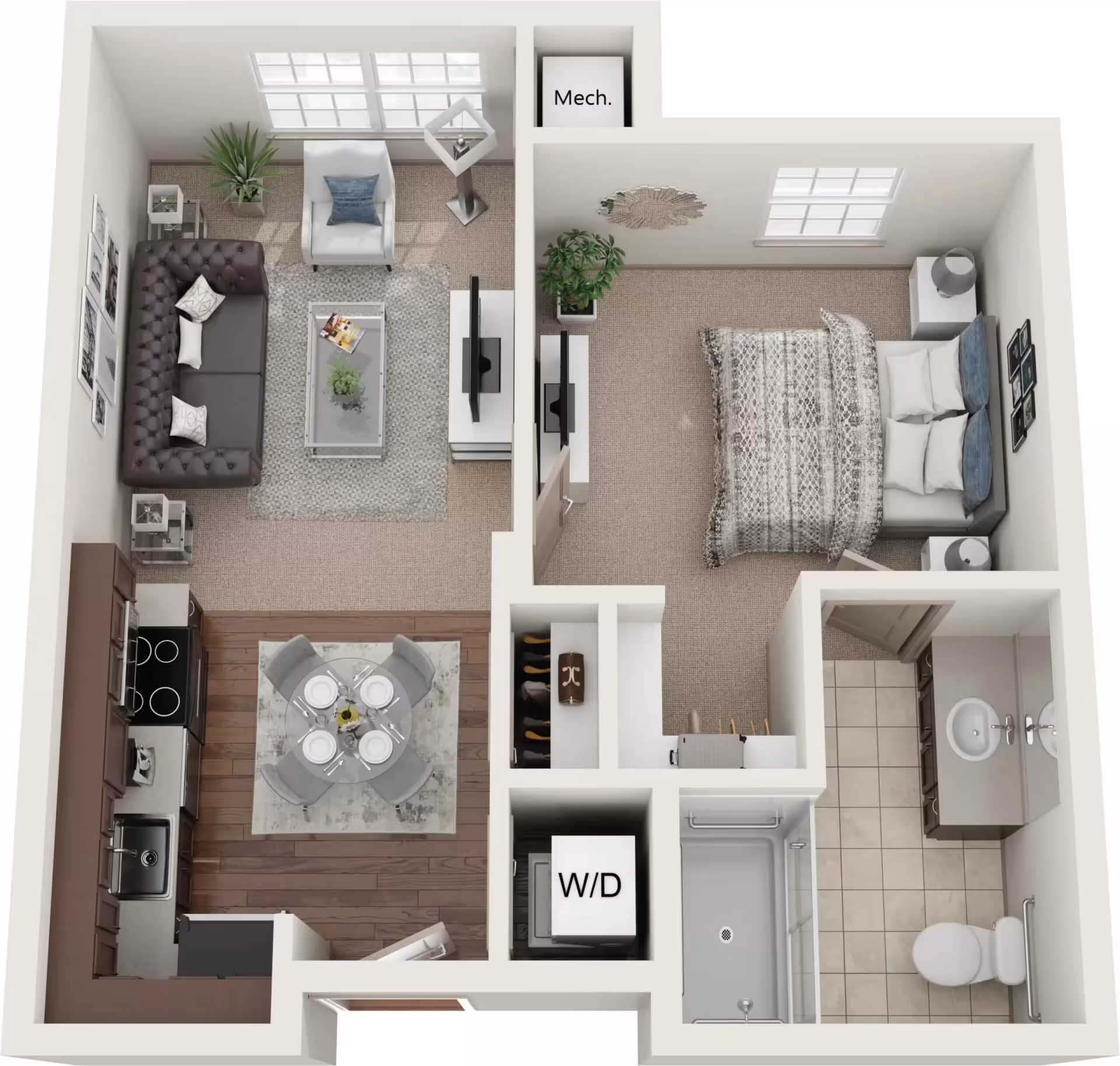 3D floor plan of a one-bedroom apartment featuring a living room with a sofa, armchair, coffee table, and TV, a kitchen with appliances and a dining table with four chairs, a bedroom with a bed and nightstands, a bathroom with a shower, toilet, and sink, and a laundry area with washer and dryer.