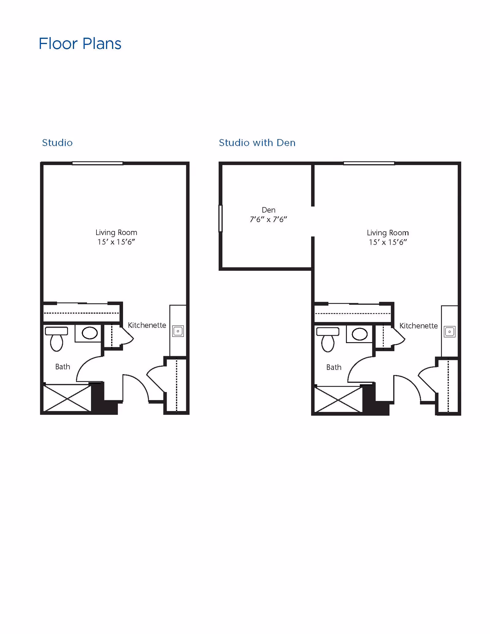 Floor plans for two types of studio apartments at Brookdale Monroe. The first is a Studio with a living room measuring 15 feet by 15 feet 6 inches, a kitchenette, and a bathroom. The second is a Studio with Den, featuring a living room of the same size, a den measuring 7 feet 6 inches by 7 feet 6 inches, a kitchenette, and a bathroom.