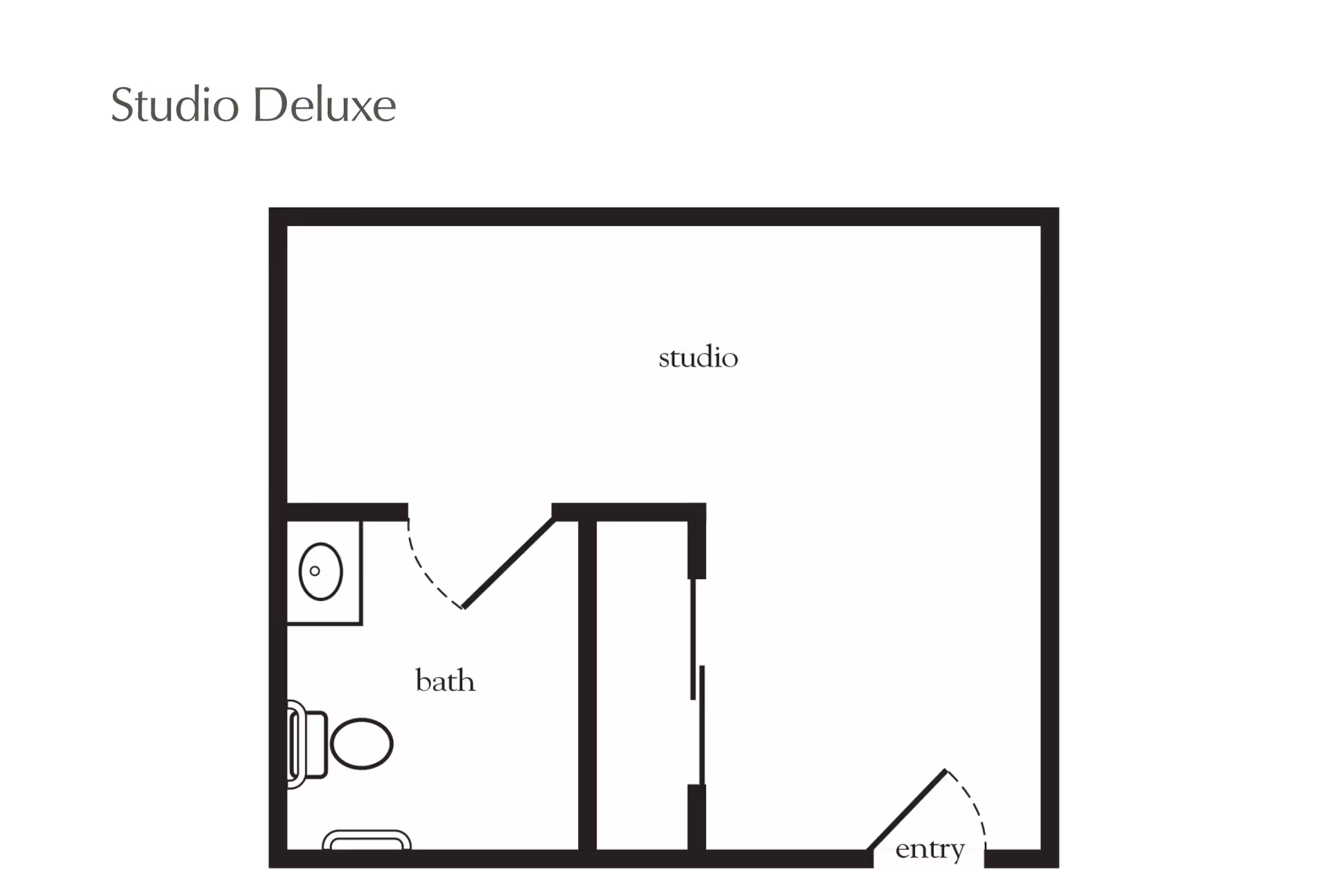 Black-and-white floor plan of a studio apartment showing a main studio area, bathroom, closet, and entry.