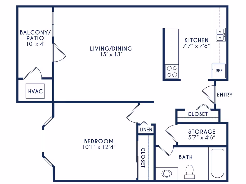 Blueprint-style one-bedroom apartment floor plan showing a living/dining area, kitchen, bedroom, bathroom, storage, closets, and a balcony.