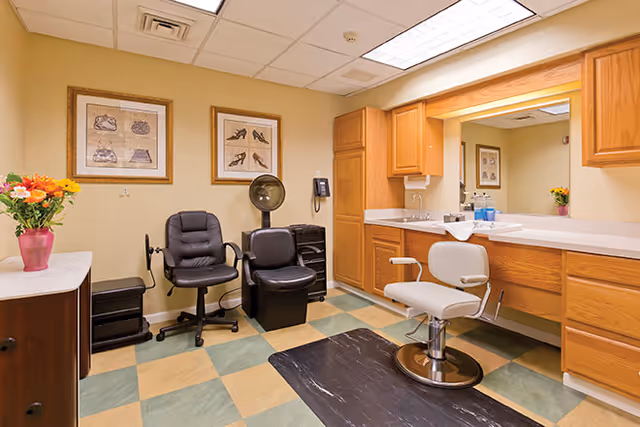 A small salon or beauty room with a styling chair on a black mat, two black chairs including one with a hair dryer hood, wooden cabinets with a countertop and sink, a large mirror, and framed pictures on the beige wall. A vase with colorful flowers is on a cabinet in the corner.