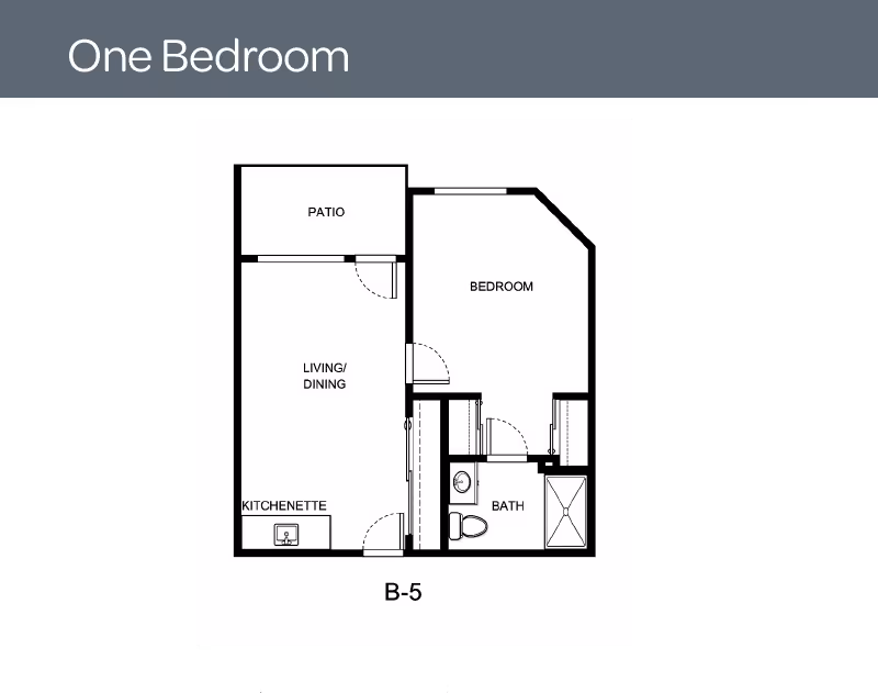 Floor plan of a one-bedroom apartment labeled B-5, showing a patio, living/dining area, kitchenette, bedroom, and bathroom.