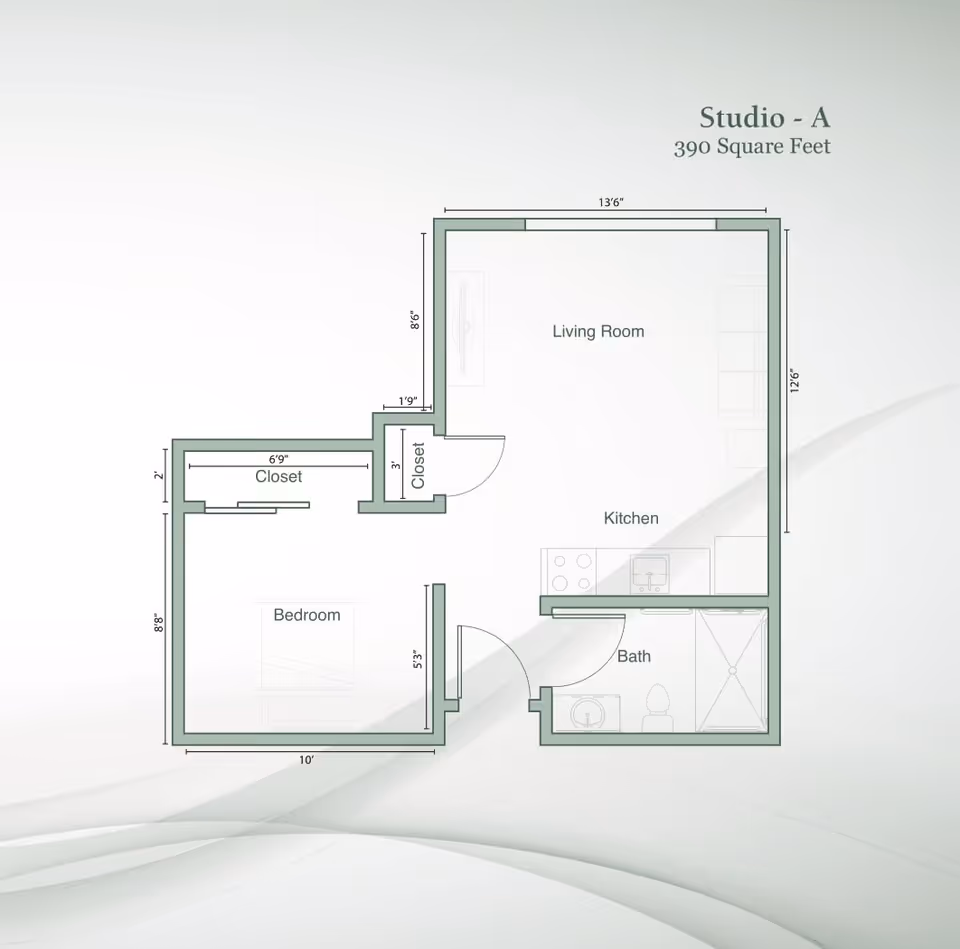 Architectural floor plan of a studio apartment labeled Studio - A with 390 square feet. The layout includes a living room, kitchen, bedroom, bath, and two closets with dimensions marked.