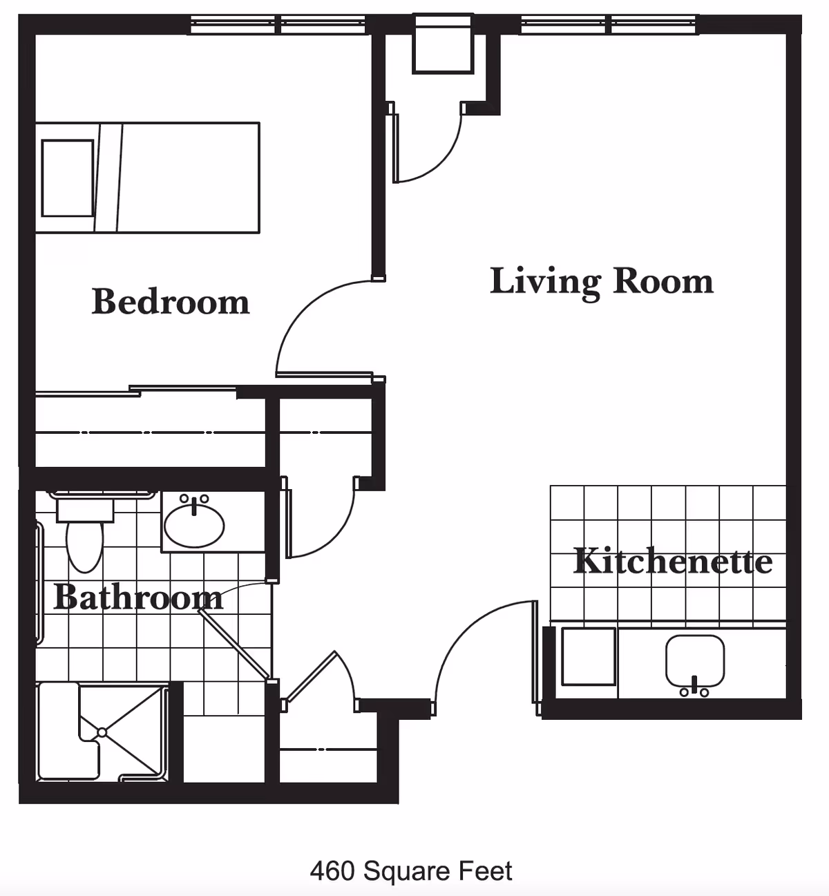 Floor plan layout of a 460 square feet senior living unit at Heritage Woods of Sterling, showing a bedroom with a bed, a bathroom with a toilet, sink, and shower, a living room, and a kitchenette area.