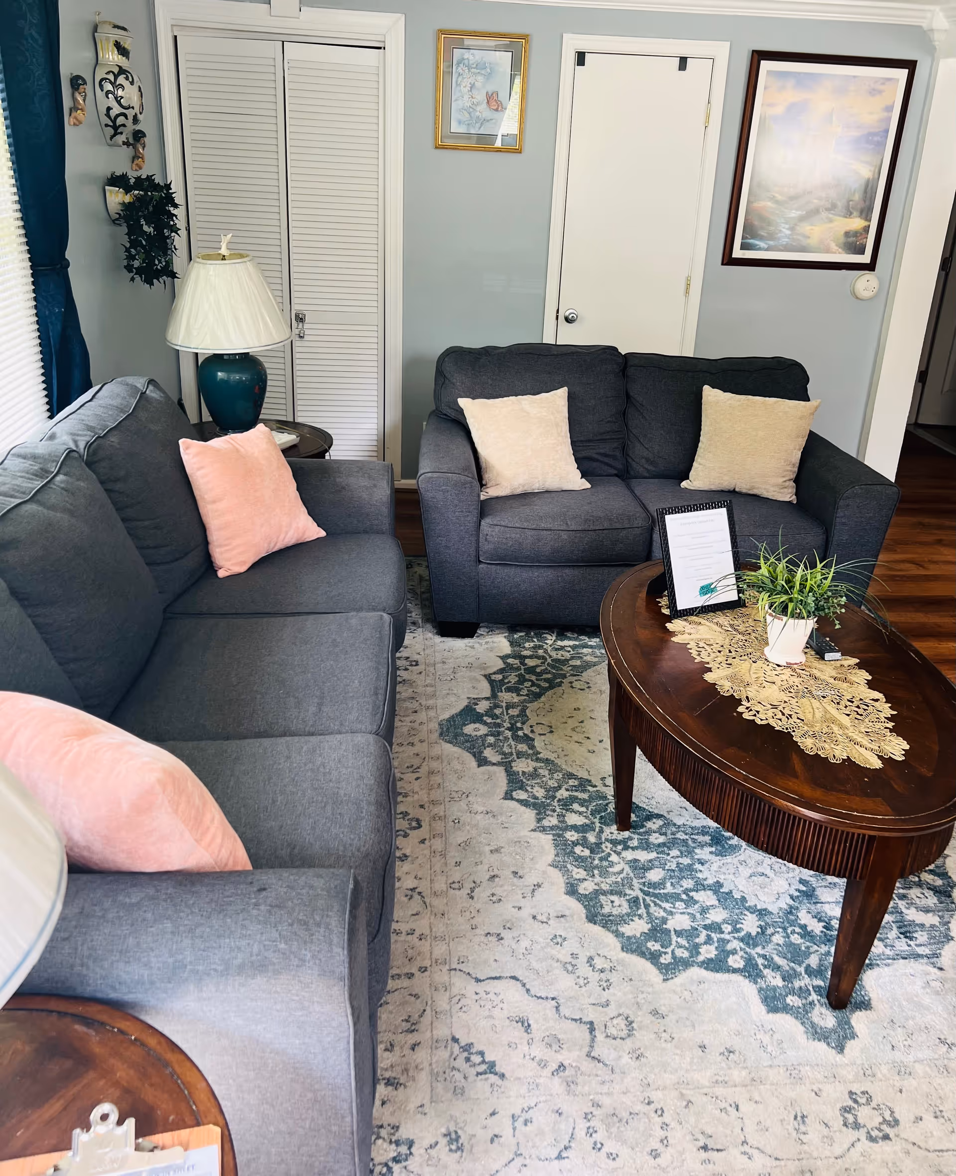 Cozy living room with two gray sofas, pink and beige throw pillows, a wooden coffee table with a plant and doily, area rug, lamp, and framed wall art.