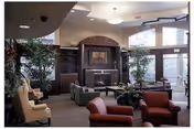 A spacious senior living facility common area with comfortable seating including armchairs and sofas arranged around a central coffee table. The room features large windows allowing natural light, indoor plants, a fireplace with a framed picture above it, and built-in shelving units on either side of the fireplace.