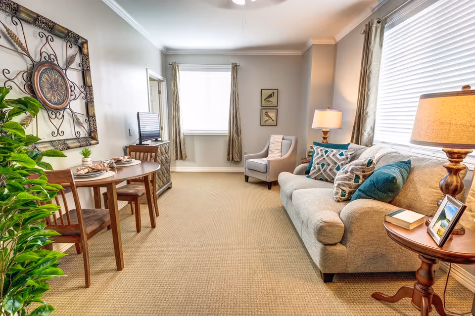 A cozy living room area with a beige sofa adorned with multiple patterned cushions, a wooden side table with a lamp, a book, and a framed photo. Across from the sofa is a small wooden dining table set for two with plates and napkins. A flat-screen TV sits on a cabinet near a window with curtains. The room is decorated with a large ornamental wall piece and two framed bird pictures. A green plant is visible in the foreground.