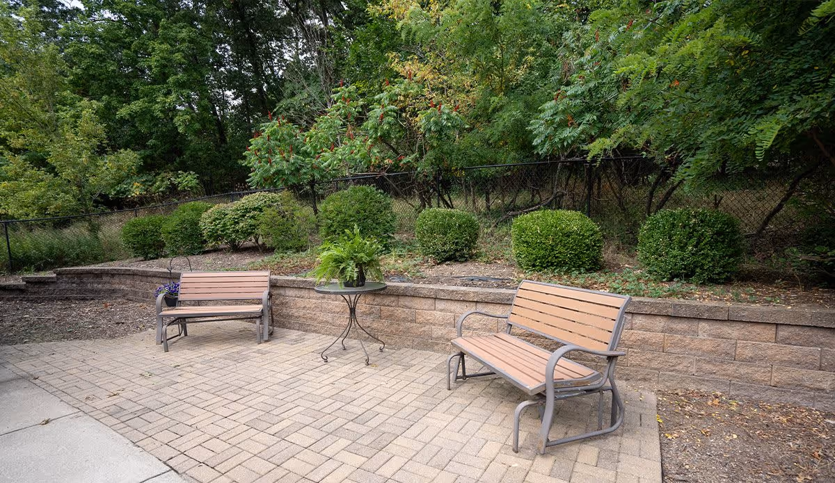 Outdoor patio area with two wooden benches and a small round table with a potted fern plant, surrounded by a low brick retaining wall and green bushes with trees in the background.