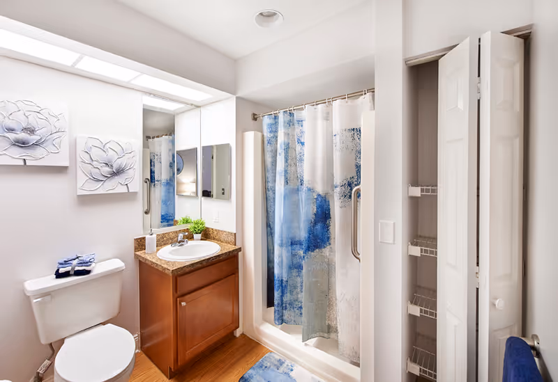 Bright bathroom with a vanity and sink, toilet, shower with a blue patterned curtain, and an open linen closet.